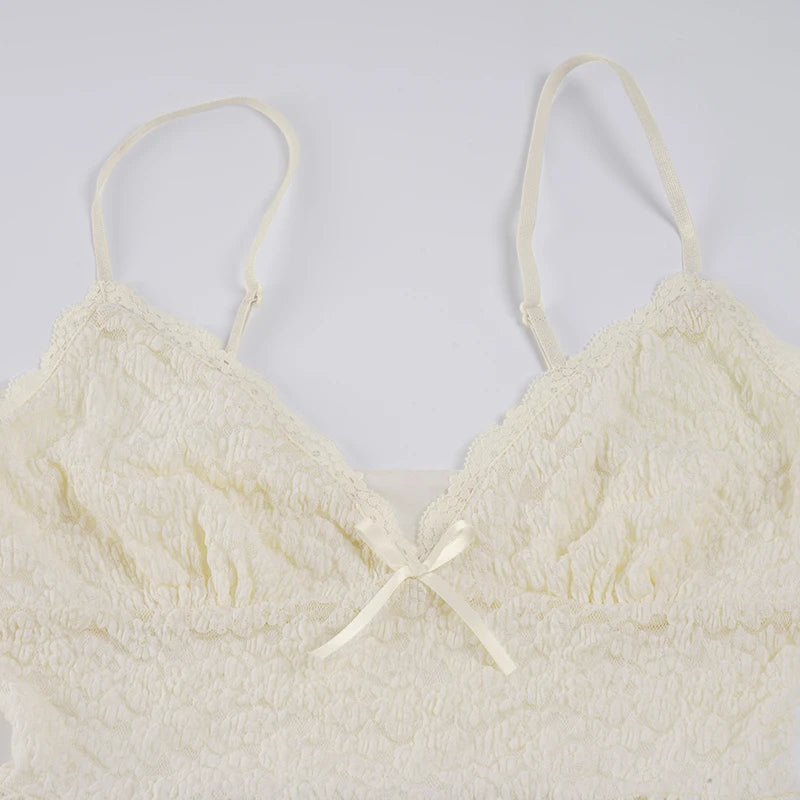 SUCHCUTE Lace Patchwork Bow Cami Tops Sexy V-neck sleeveless Tank Top Summer Vacation Camisole Y2k Backless Tanks Coquette  Chic