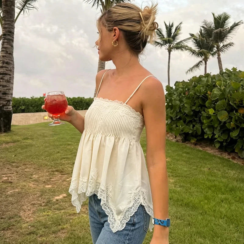 HXAO Satin Lace Slip Top Women Summer Sexy Cropped Off White Ruffled Tank Top Elegant Sleeveless Backless Camisole Vacation Vest
