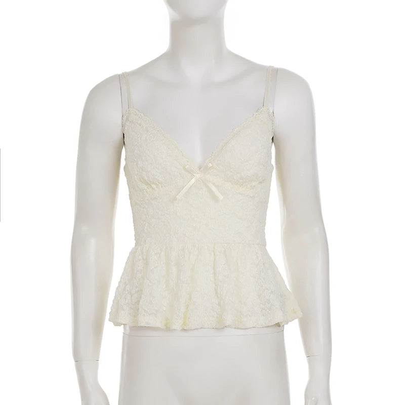 SUCHCUTE Lace Patchwork Bow Cami Tops Sexy V-neck sleeveless Tank Top Summer Vacation Camisole Y2k Backless Tanks Coquette  Chic