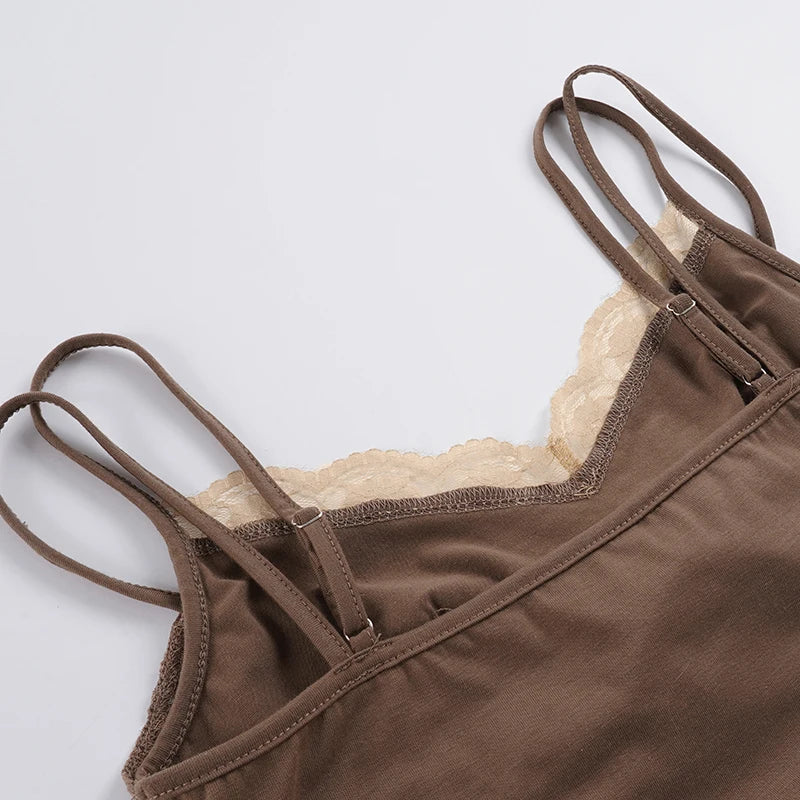 SUCHCUTE Brown Vintage Lace Trim Patchwork Faux-two-piece Top Y2k Spaghetti Strap Irregular Camisole Sexy Sleeveless Crop Tops