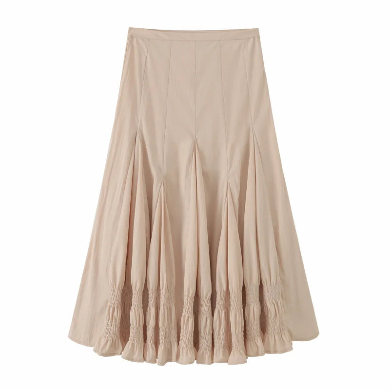 French Vintage Romantic Ruffled Smocked Panel Midi Skirt