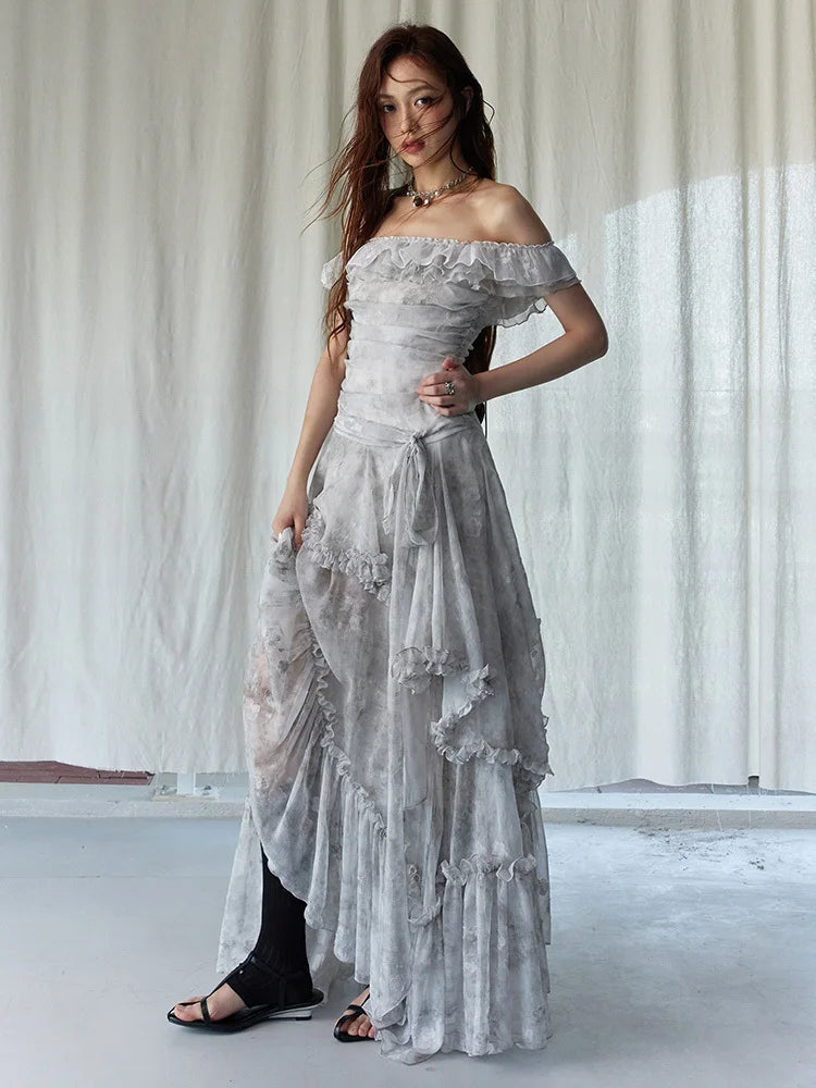 Light Gray Watercolor Ruffles Long Dress