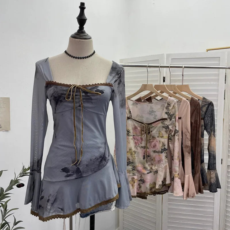Vintage Square Collar Flare Sleeve Asymmetrical Top