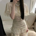 Vintage French Lace Cape Ruffle Blouse Ruched + Maxi Skirt (Two-Piece Set / Top or Skirt only)