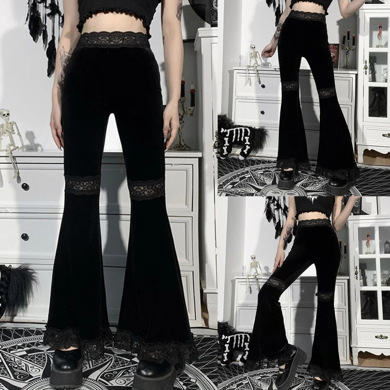 Gothic Black Lace Velvet Flare Pants