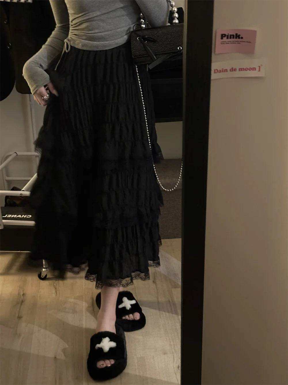 Black Long Ruffle Lace Skirt