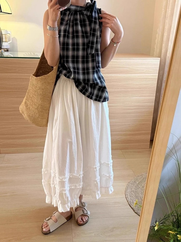 Lace Trim White Lantern Pants for Women Spring Summer Loose Elastic High Waist Wide Leg Trouser Female Ankle Length Casual Pants