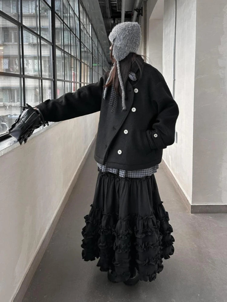 Gothic Dark Grey Ruffles Long Skirt