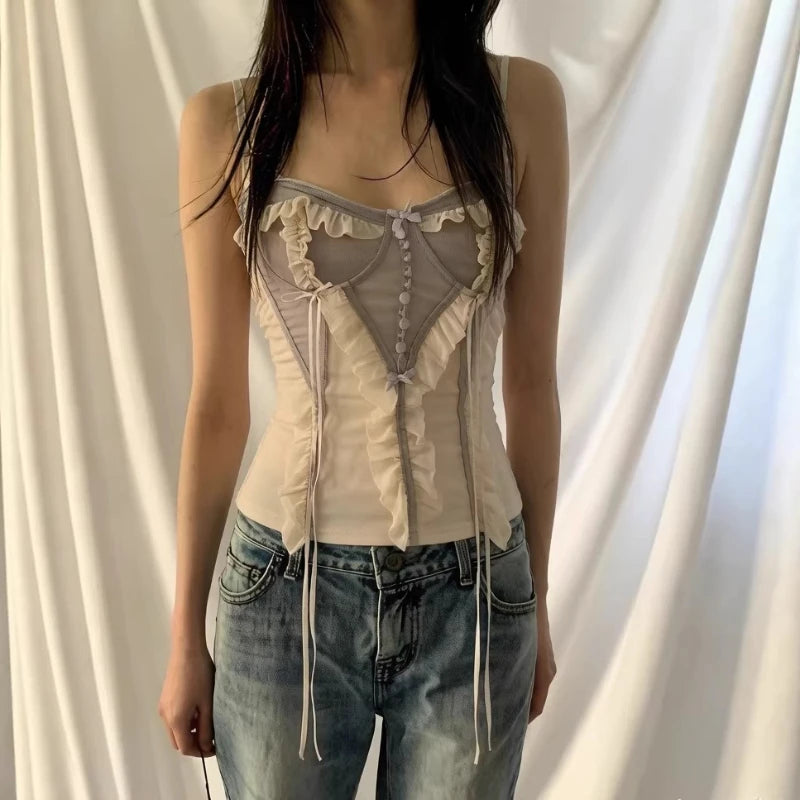 2026 Summer New Heavy Industry Hot Selling Lace Mesh Strap Stacked Vest Top for Women