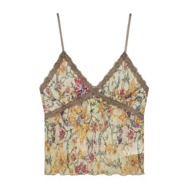 Ezgaga Sexy Crop Tank Tops Women V Neck Flowers Printed Slim Vintage Grunge Gothic Camisole Ladies Fashion Casual Clubwear