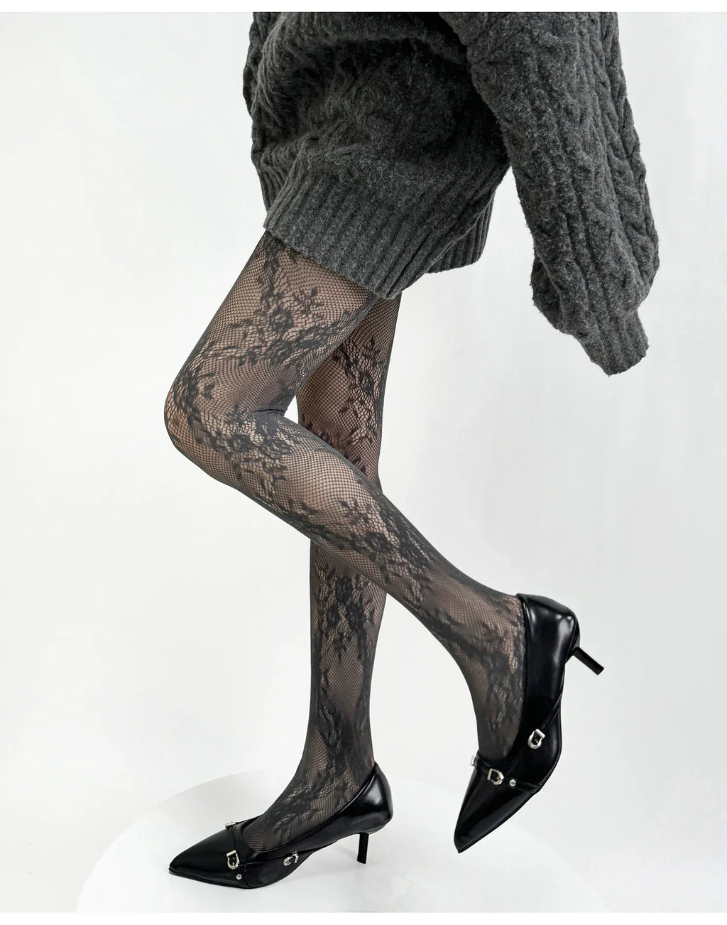White and Black Floral Lace Mesh Stockings