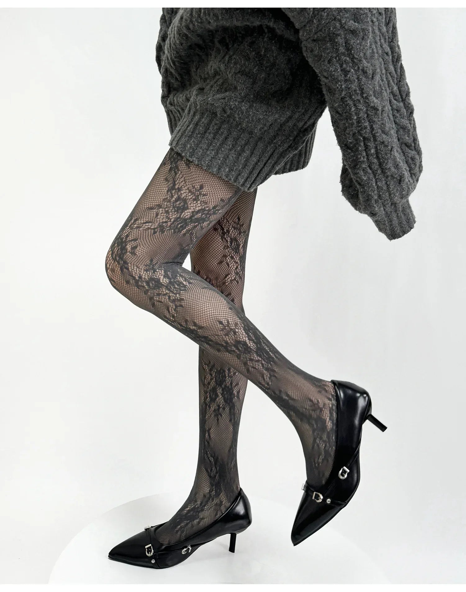 White and Black Floral Lace Mesh Stockings