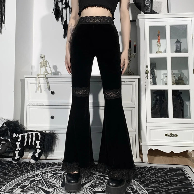 Gothic Black Lace Velvet Flare Pants
