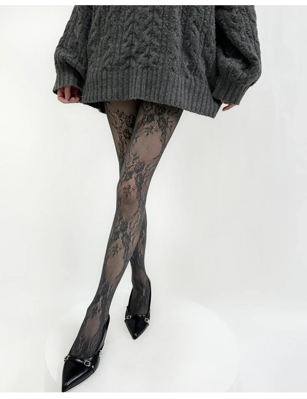 White and Black Floral Lace Mesh Stockings