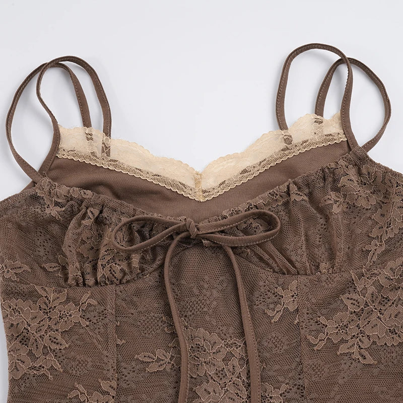 SUCHCUTE Brown Vintage Lace Trim Patchwork Faux-two-piece Top Y2k Spaghetti Strap Irregular Camisole Sexy Sleeveless Crop Tops