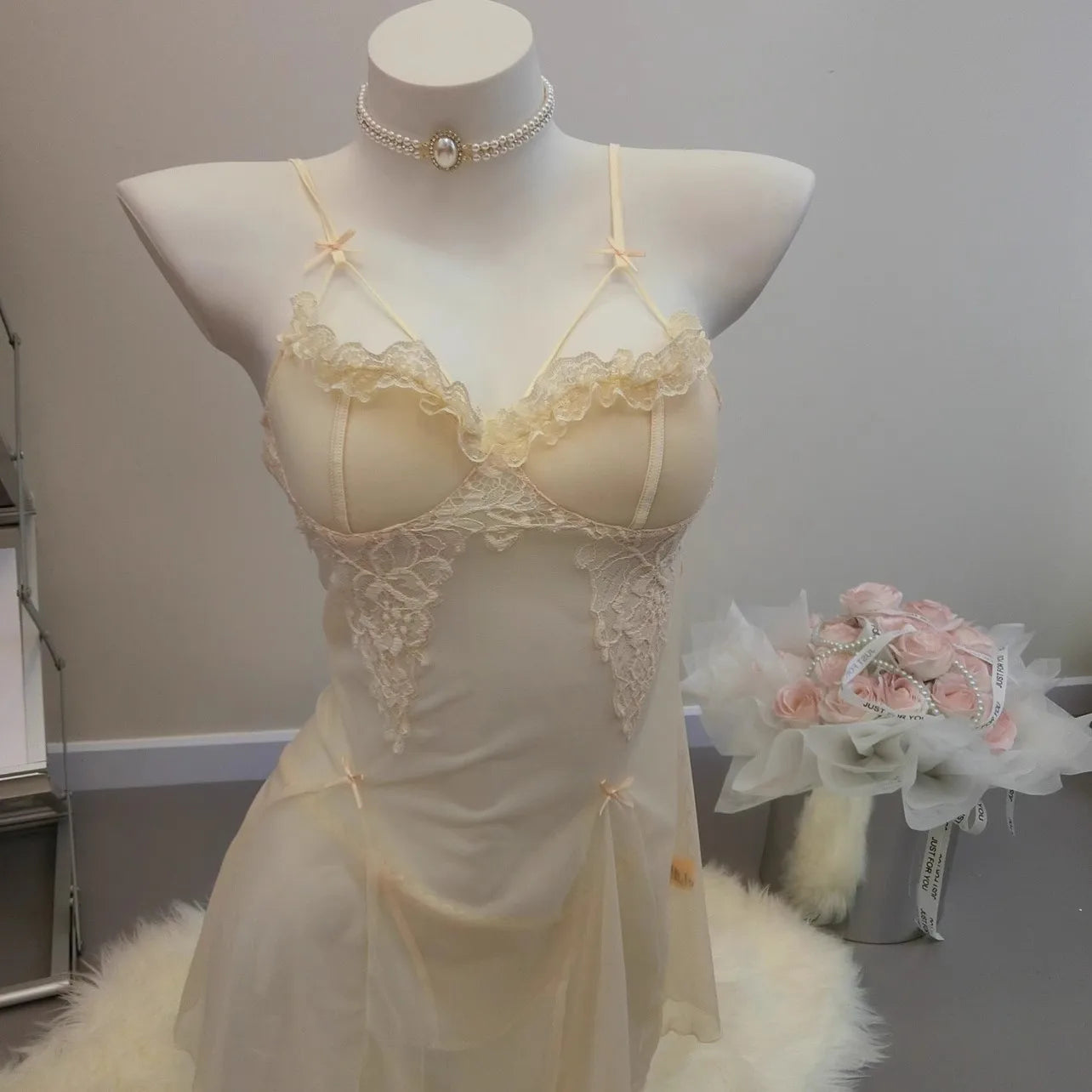 with Chest Pad Nightgown Wedding Lace Guaze Sling Nightdress Women Sexy Pajamas Sleepwear Bride Bridesmaid Casual Home Clothes