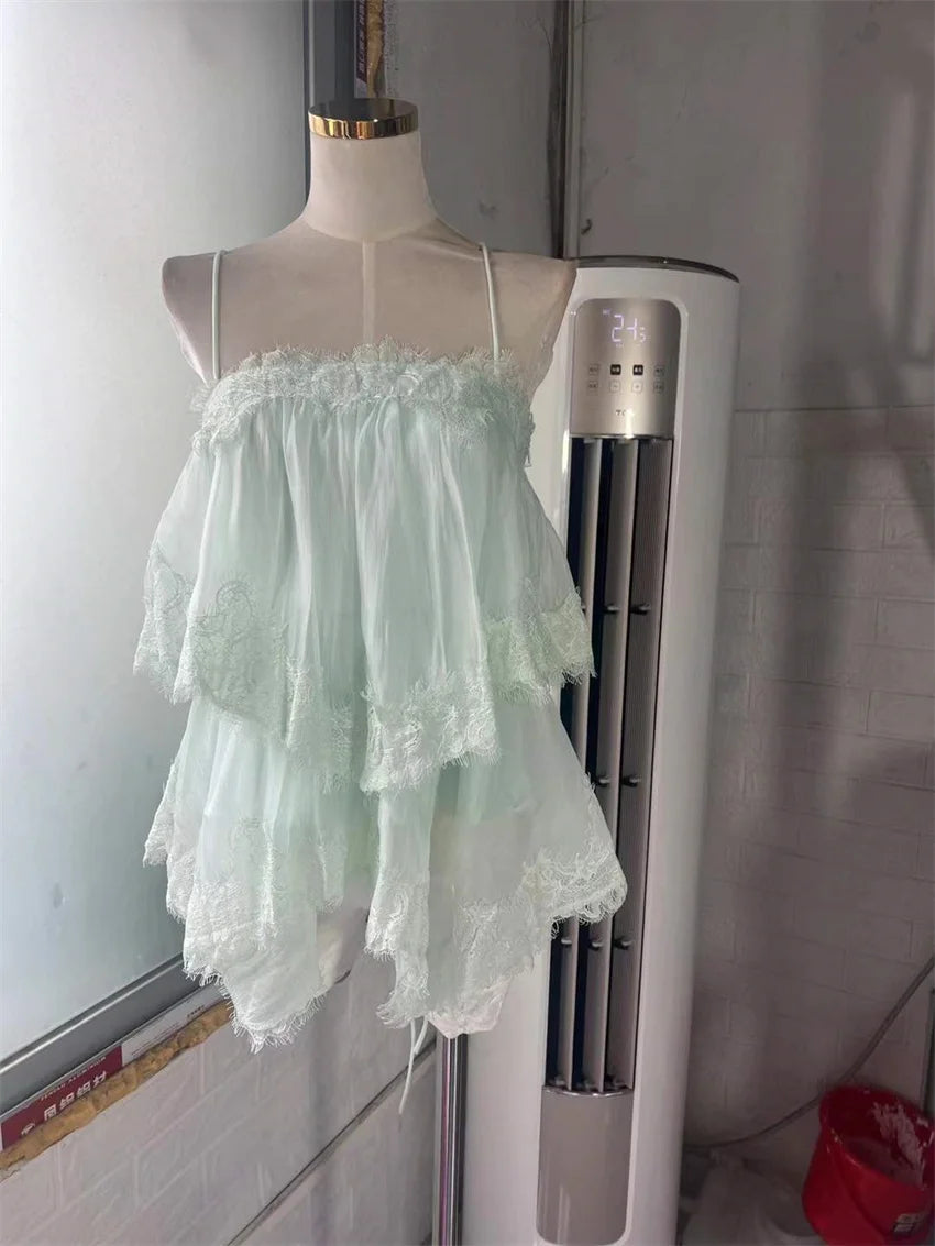 High Quality 2026 Women Lace Trim Tiered Chiffon Cami Top Spaghetti Strap Loose Babydoll Blouse
