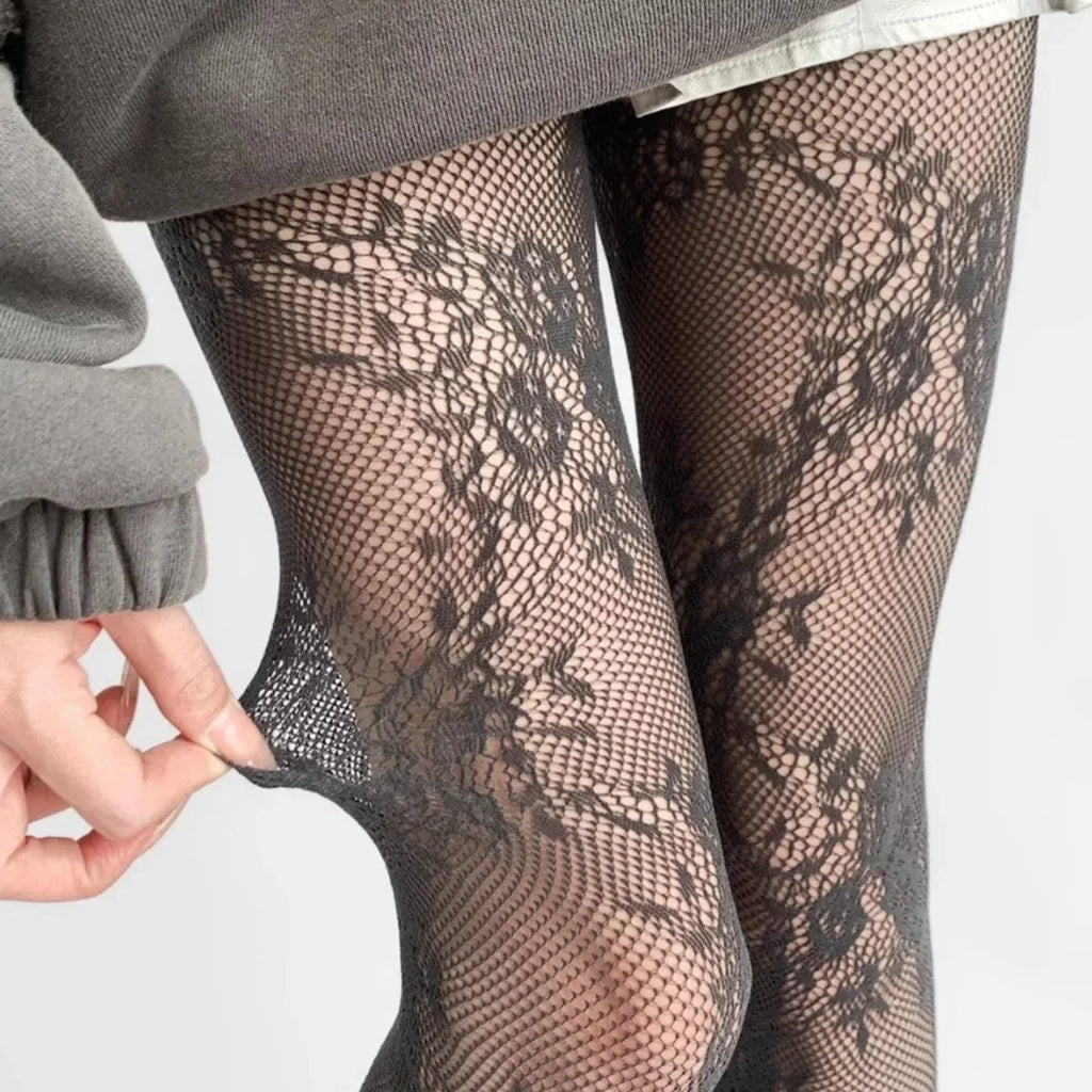 White and Black Floral Lace Mesh Stockings
