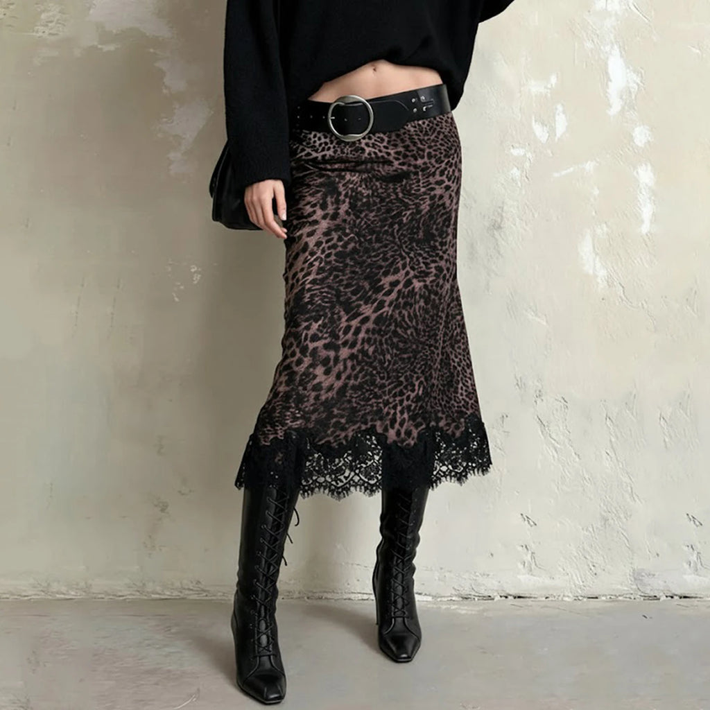 Vintage Low-Waist Leopard-Print Lace Skirt