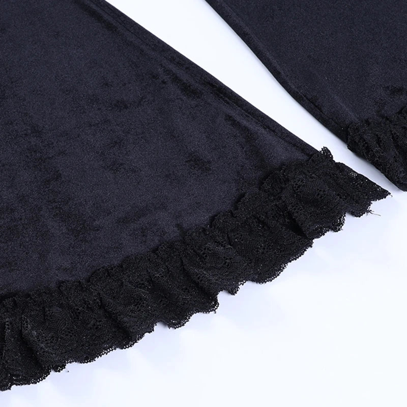 Gothic Black Lace Velvet Flare Pants