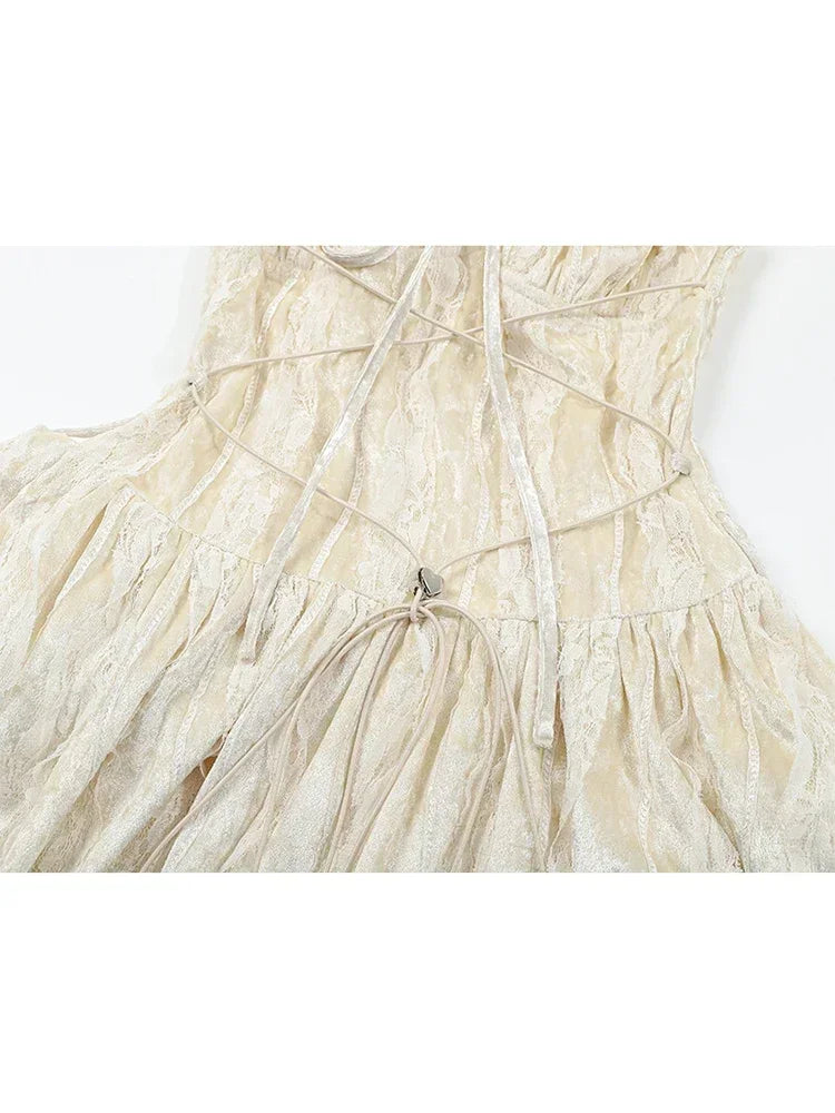 Fashion Irregular V-Neck Women Slim Suspender One-Piece Summer A-Line Tie Up Gothic Y2K Pleated Female Dress Bandage Design Chic