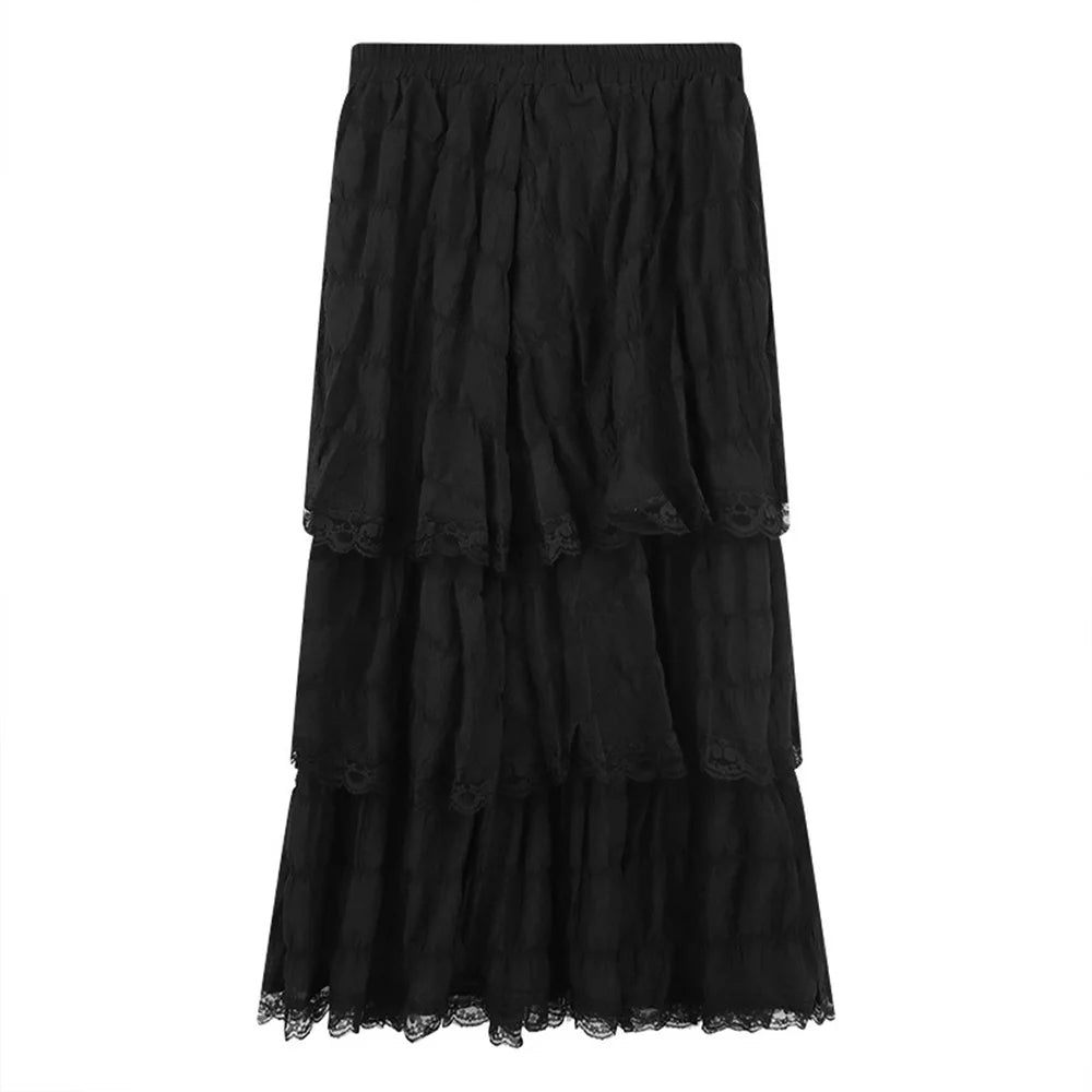 Black Long Ruffle Lace Skirt