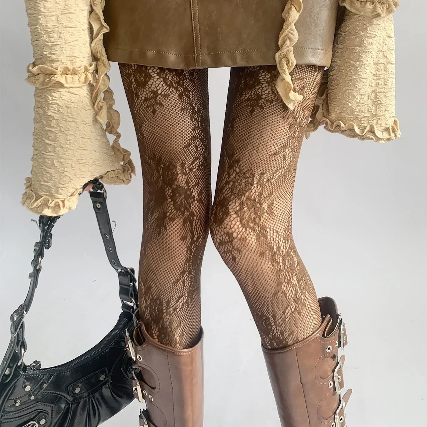 White and Black Floral Lace Mesh Stockings