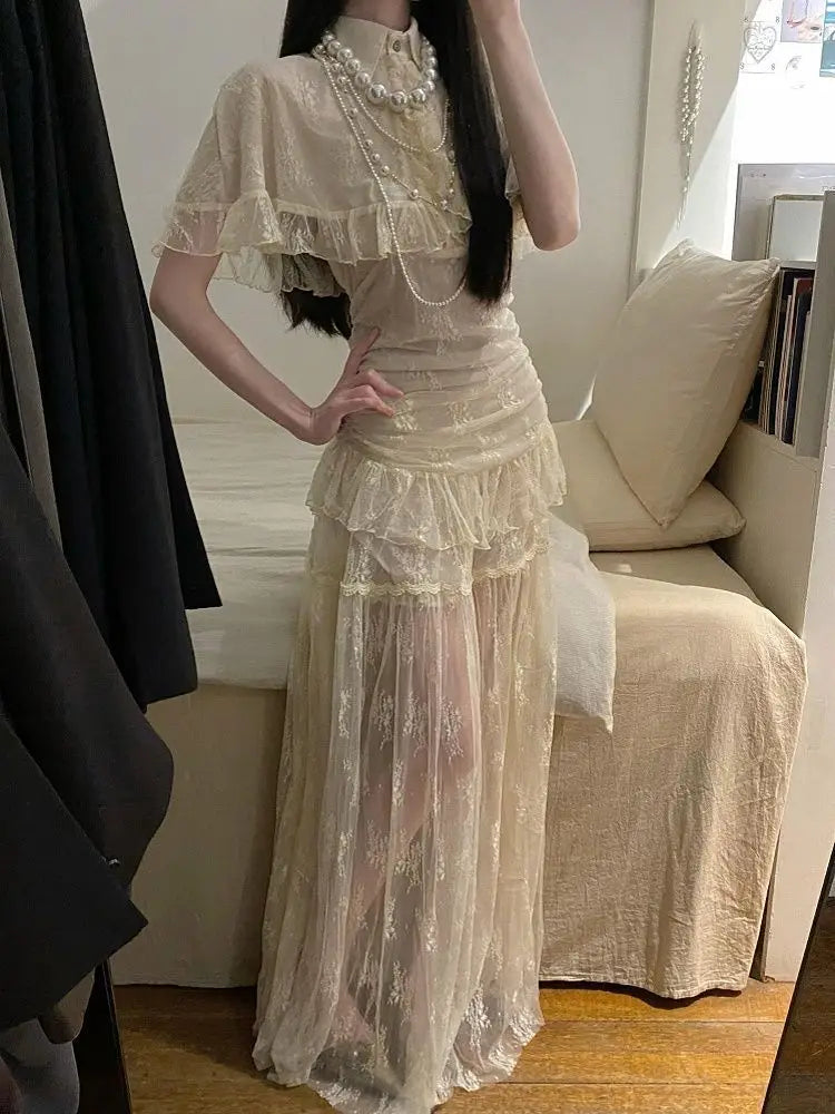 2026 Summer French Lace Cape Ruffle Blouse Ruched Lace Maxi Skirt Two Piece Set Elegant Slim Fit Casual Daily Vacation Outfit