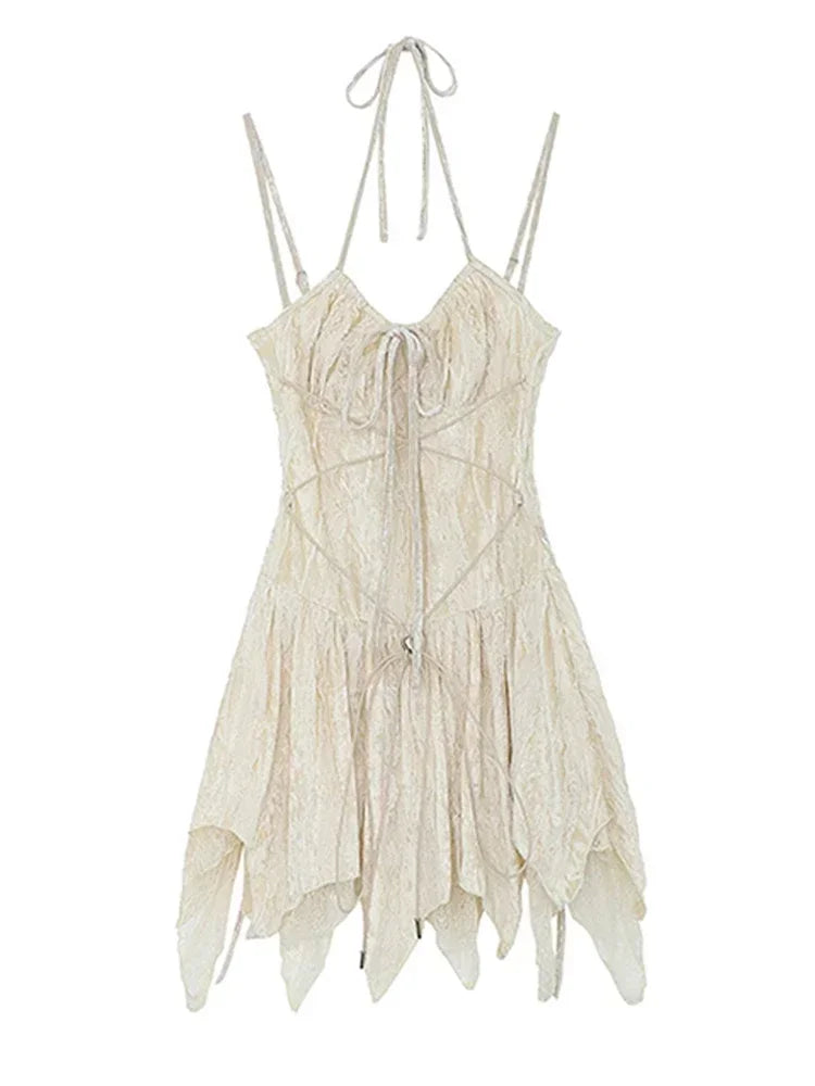 Fashion Irregular V-Neck Women Slim Suspender One-Piece Summer A-Line Tie Up Gothic Y2K Pleated Female Dress Bandage Design Chic
