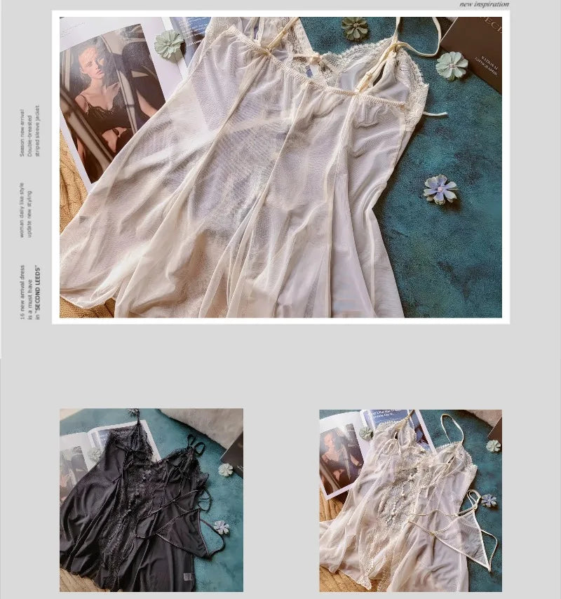 Sexy Mesh Ultra-thin Pajamas for Women's Sleepwear See Through Lace Front Open Suspender Transparent Nightdress Set with Panties