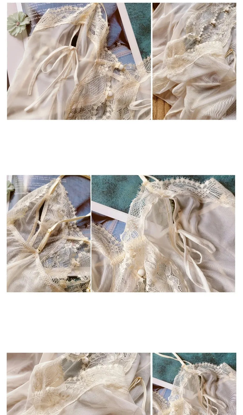 Sexy Mesh Ultra-thin Pajamas for Women's Sleepwear See Through Lace Front Open Suspender Transparent Nightdress Set with Panties