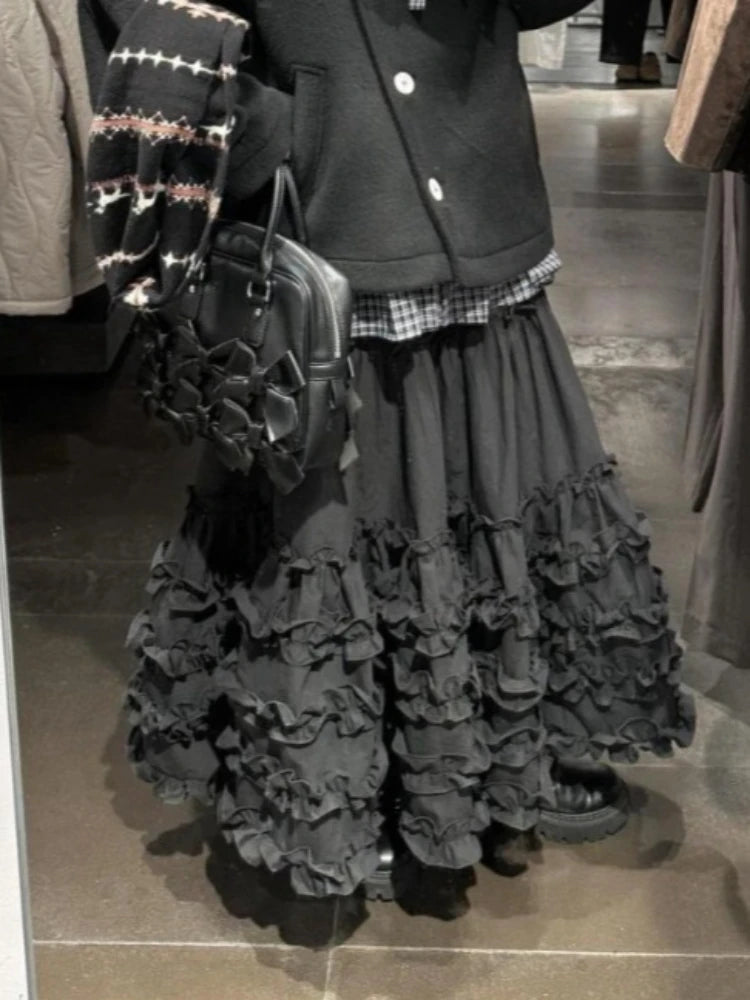 Gothic Dark Grey Ruffles Long Skirt