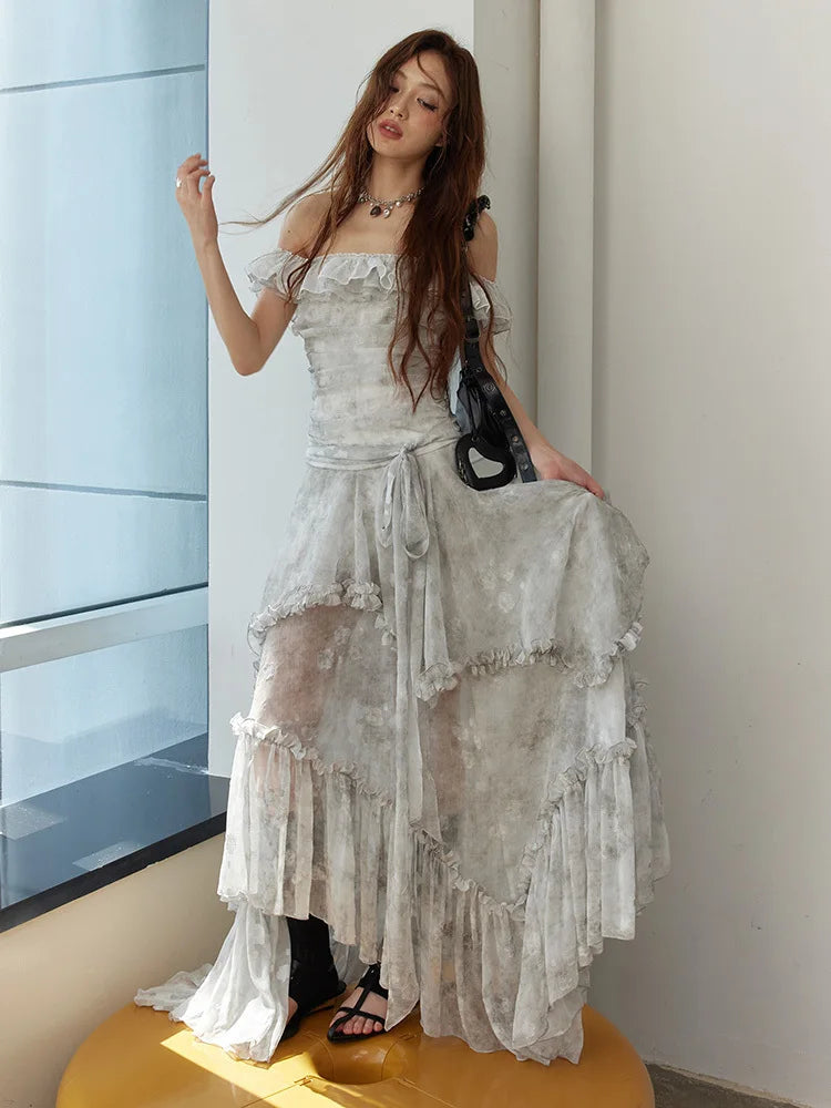 Light Gray Watercolor Ruffles Long Dress