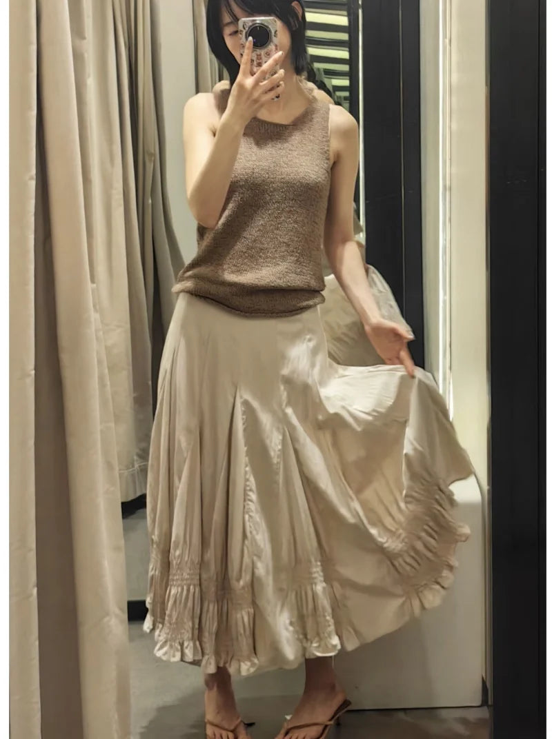 French Vintage Romantic Ruffled Smocked Panel Midi Skirt