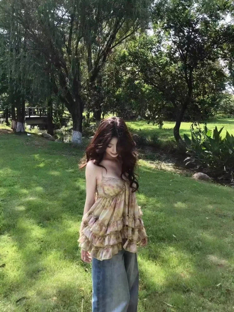 Ezgaga Tank Tops Women Floral Printed Ruffles Patchwork Backless Sweet Fashion Y2k Vintage Ladies Casual Camisole Club