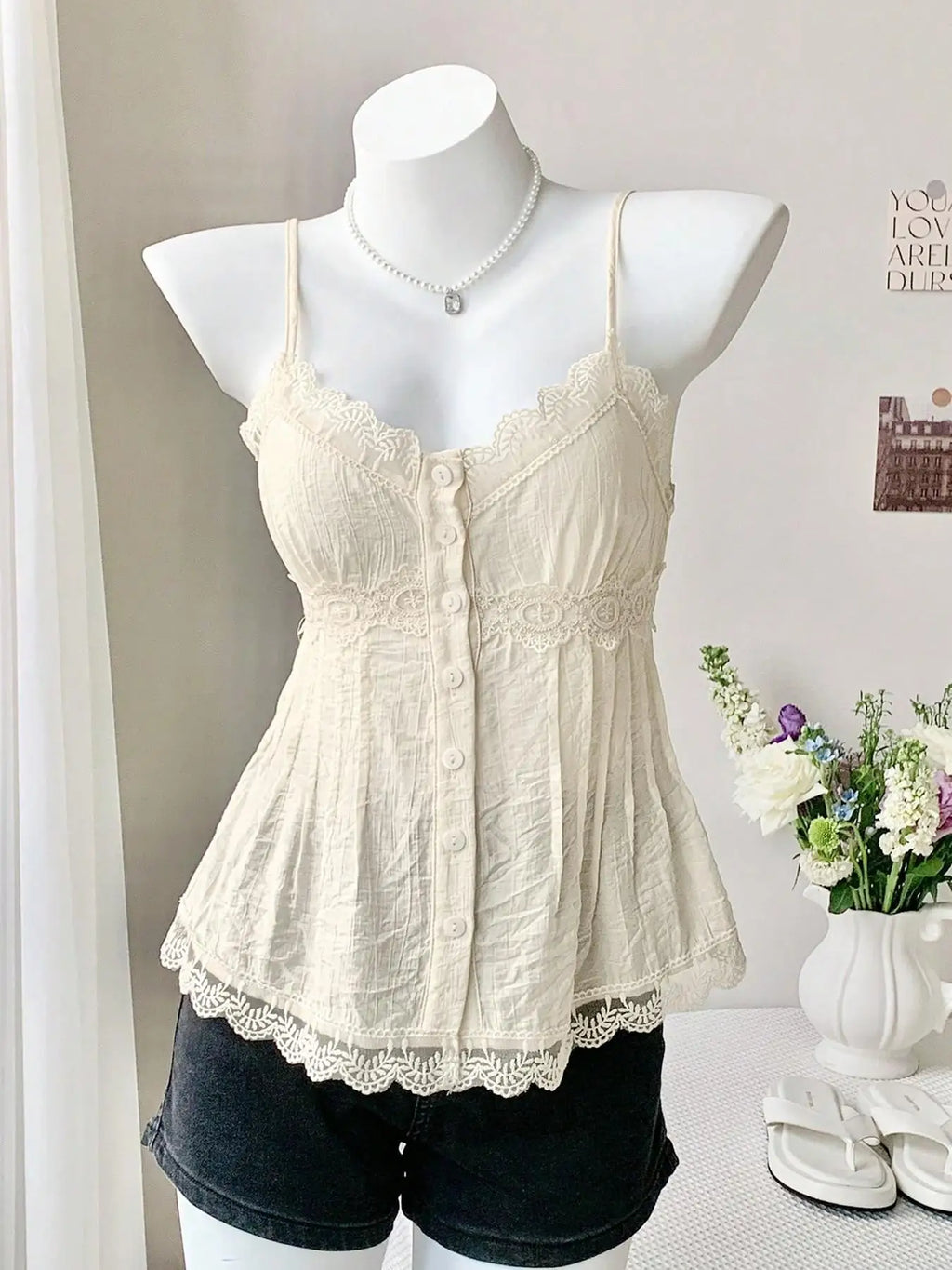 Ladies Lace Trim Pleated Texture Halter Vest V-Neck Design Adjustable Thin Straps One Piece