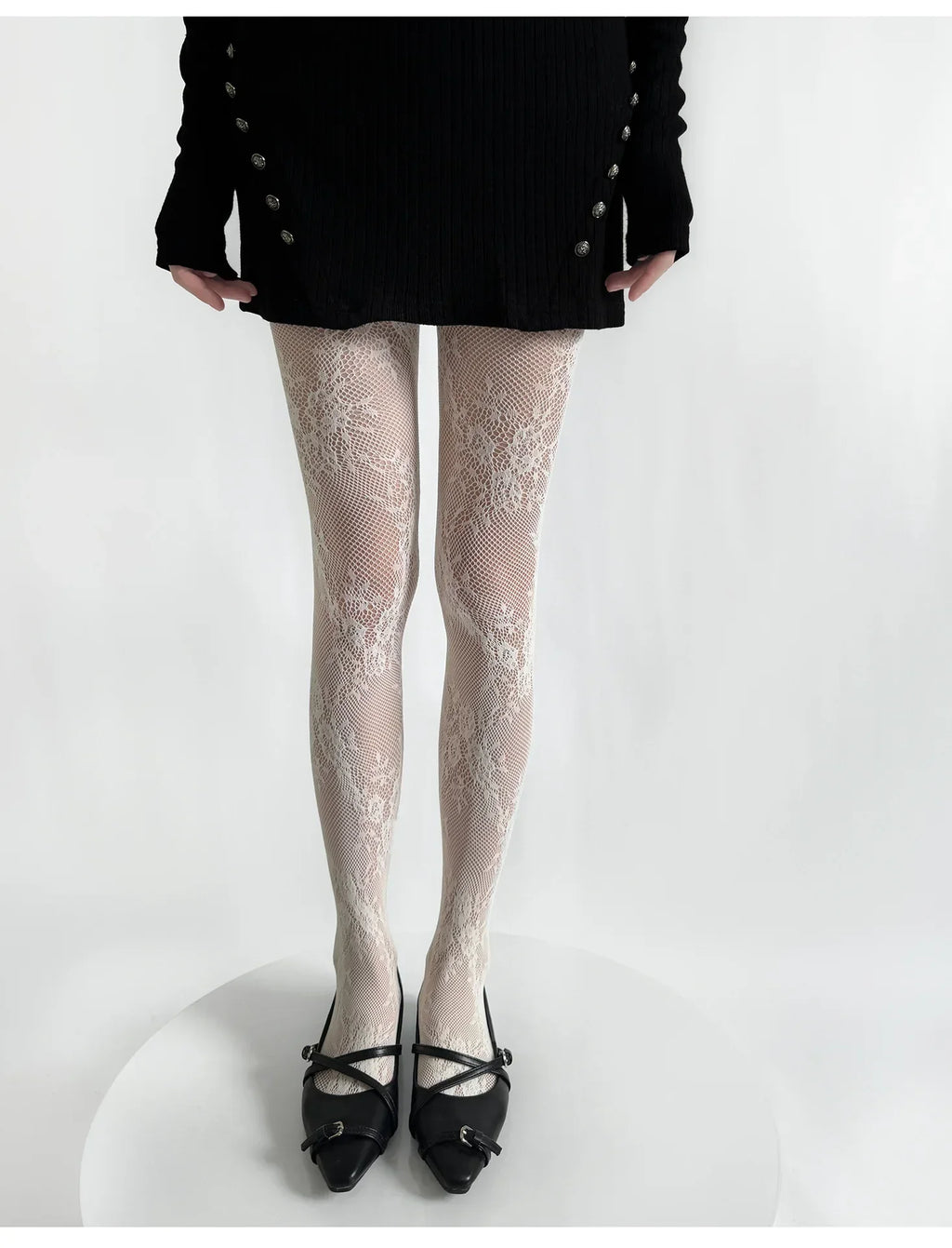 White and Black Floral Lace Mesh Stockings