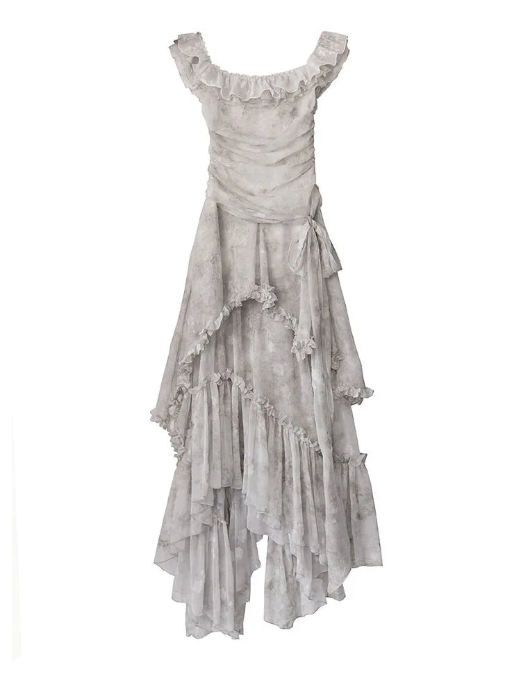 Light Gray Watercolor Ruffles Long Dress