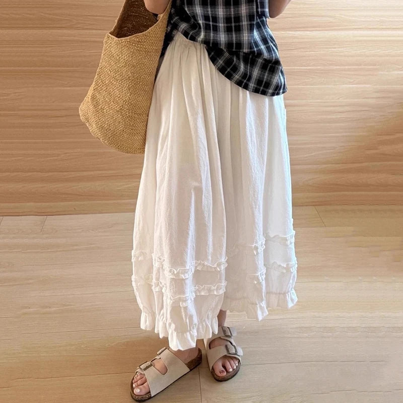 Lace Trim White Lantern Pants for Women Spring Summer Loose Elastic High Waist Wide Leg Trouser Female Ankle Length Casual Pants